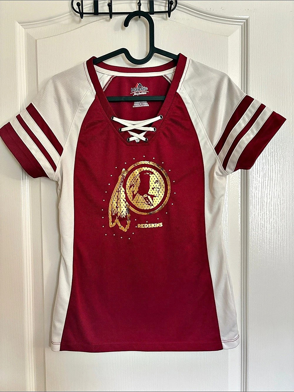 Majestic Washington Redskins Sequins & Rhinestone Lace-Up V-Neck T-Shirt Jersey